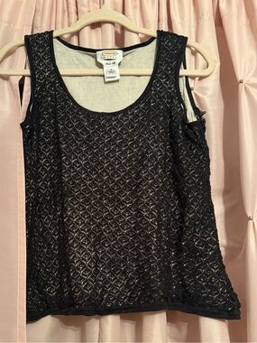 Talbots 100% pure silk top blouse sleeveless black cream knit lace L large
